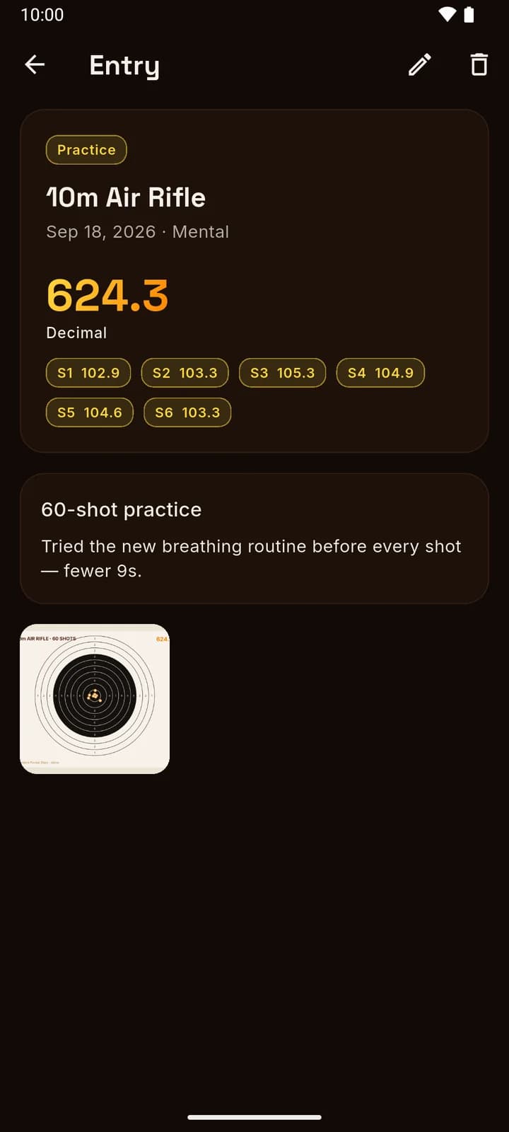 Diary entry in the app with a 624.3 total, six series scores, notes and a target photo
