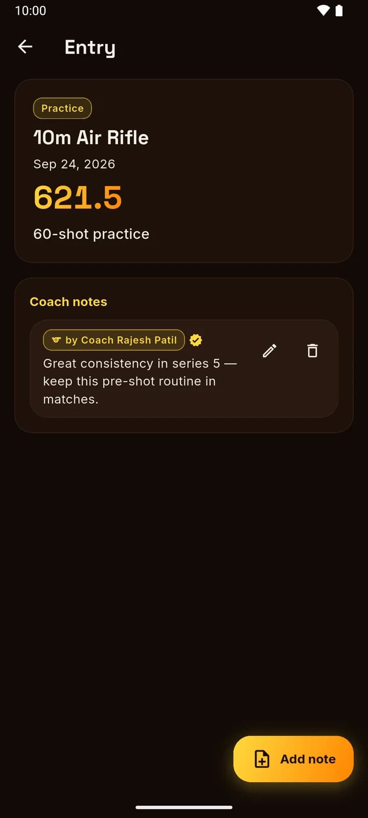 A coach's note on a shooter's diary entry